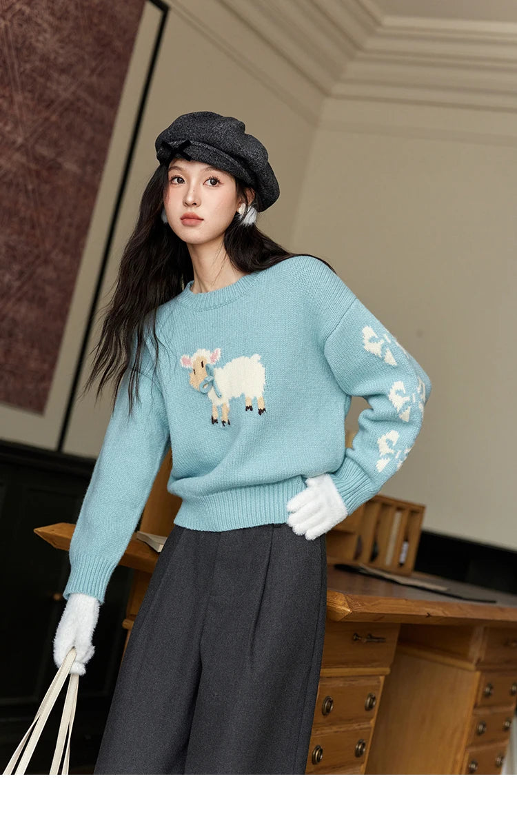 MISHOW Soft Lamb O-Neck Pullovers Color Clash Spliced Knitted Sweater 2024 Winter Women Clothes Thickened Warm Tops MXD59Z1140
