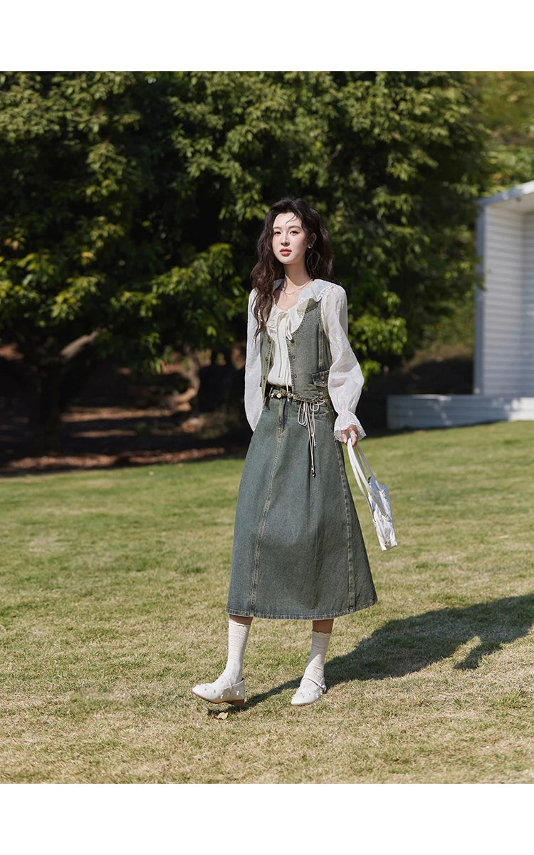 MISHOW Denim Vest Coat Midi Skirt Separately for Women Spring 2025 Korean Retro Washed Cotton Coat Slim A-line Skirt MXE13W0731