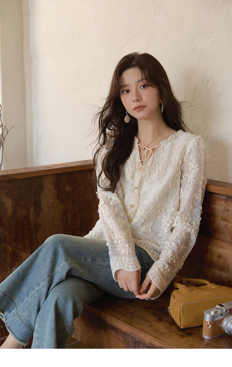 MISHOW Apricot Lace Jacquard Embroidered Shirt 2025 Autumn Black Fungus Edge Lace-up Vintage Commuter Top Office Lady MXE41X1927