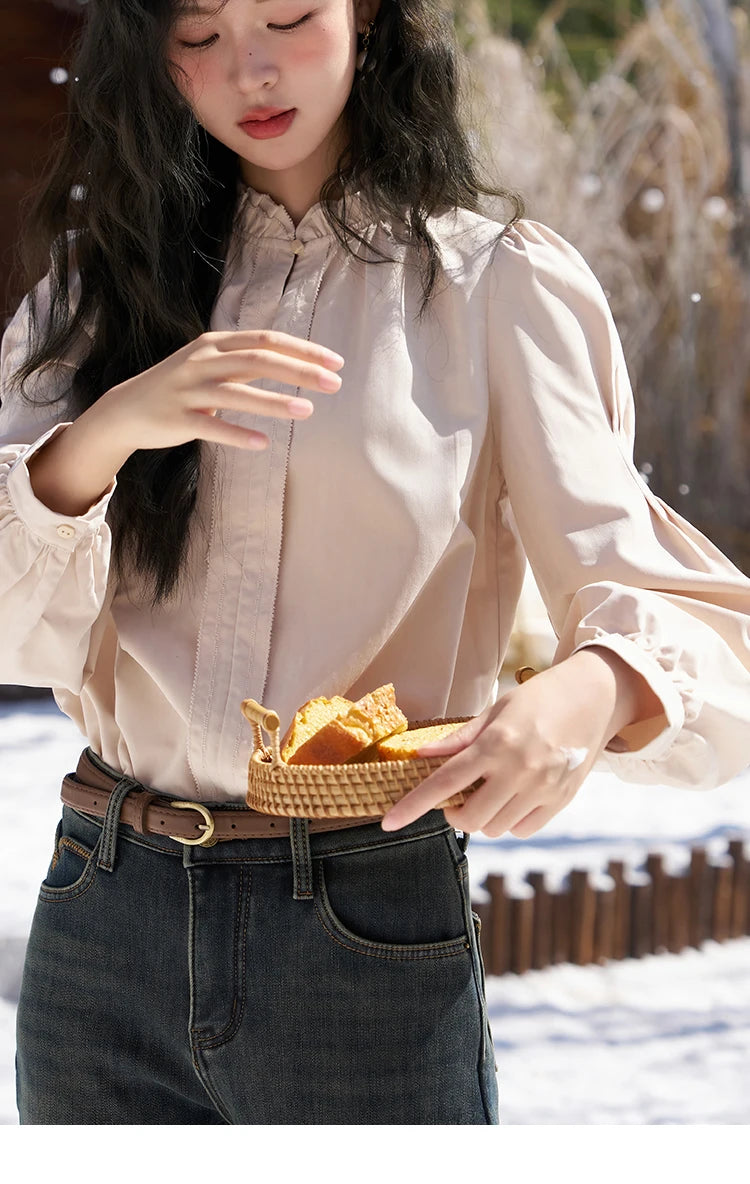 MISHOW French Autumn Winter Button Up Lantern Long Sleeve Shirts Women Ruffle Neck Thick Warm Blouse Flannel Shirt MXC56X1320