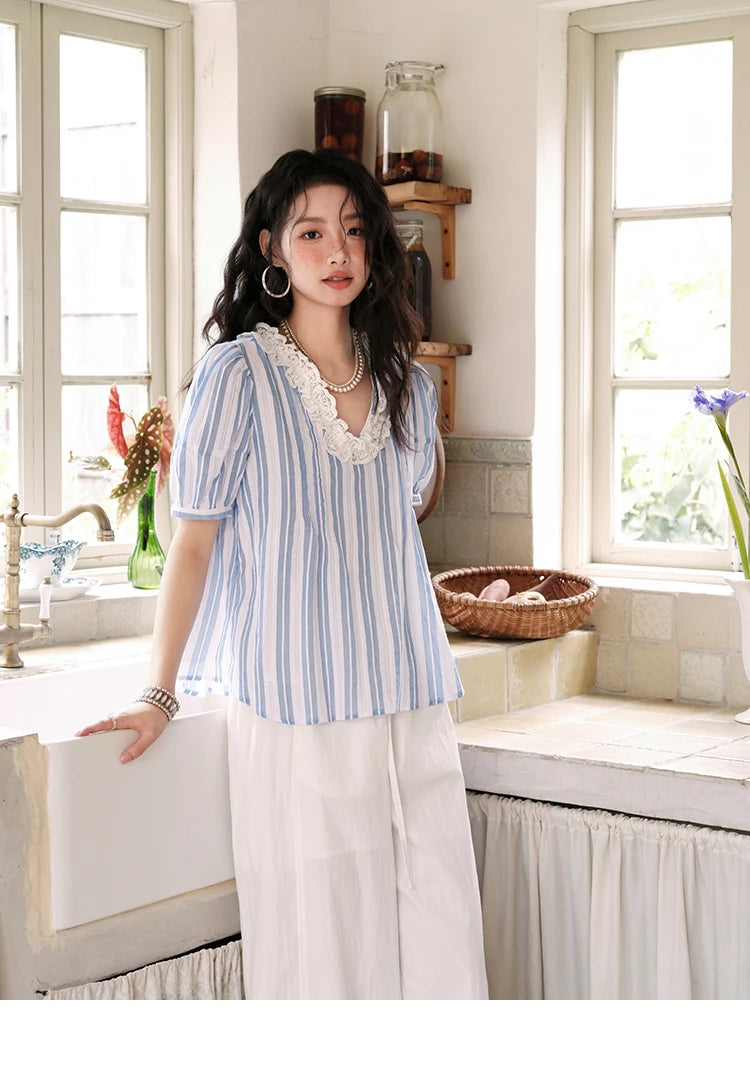 MISHOW 2025 Summer New 100% Cotton Striped Blouse Women Fashion Lantern Sleeve Lace V-neck Casual Top Ladies Clothing MXE36X1845