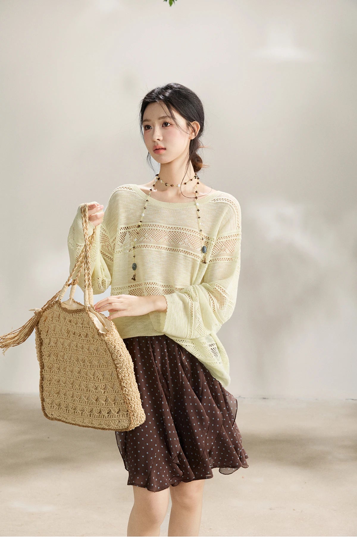MISHOW Women's Pale Yellow Knit Top 2026 Spring Crew Neck Hollow Out Striped thin tops Casual Loose Sheer Sweater MXF13Z3020