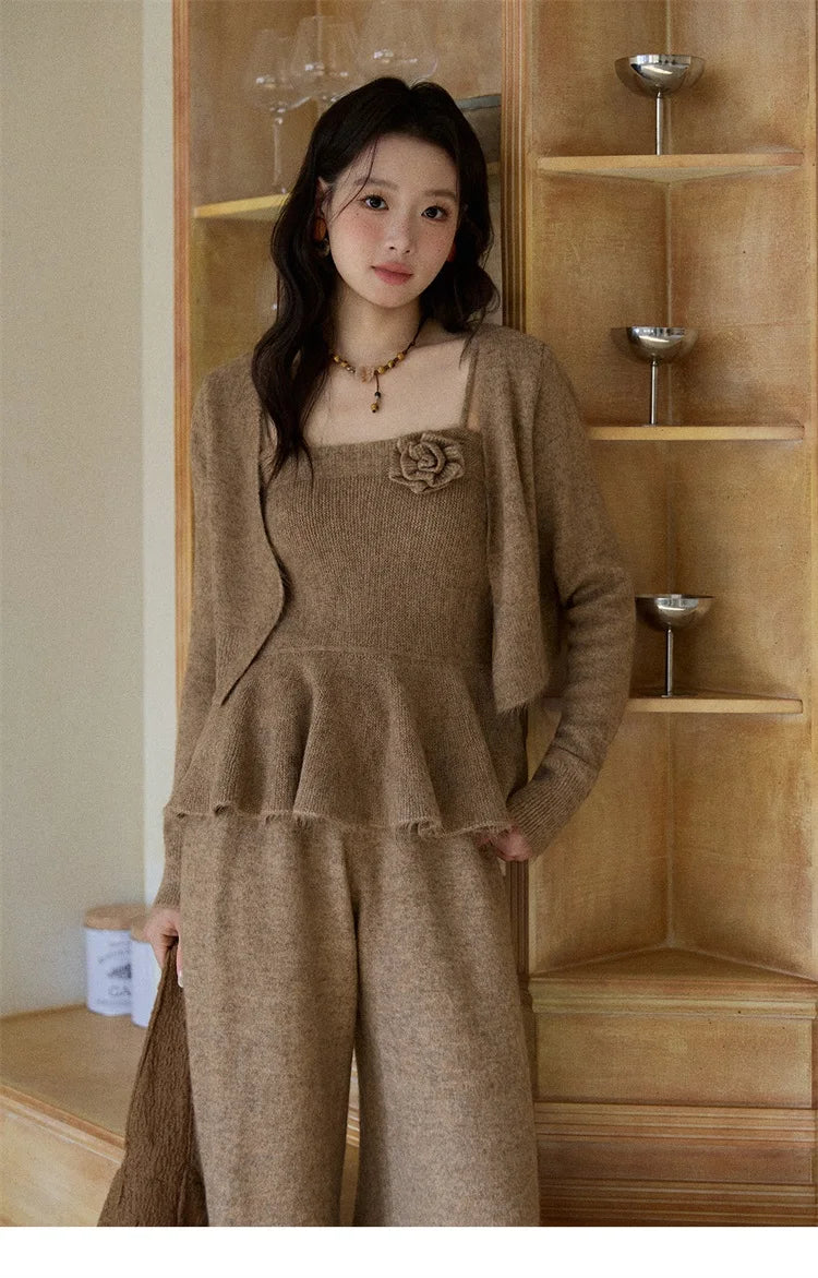 MISHOW Khaki Knitted Three-Piece Winter Set for Woman RetroThree-Dimensional Floral Camisole Cardigan Wide-Leg Pants MXE87T1449