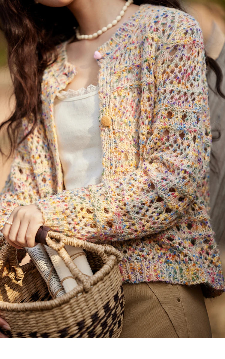 MISHOW Women's Sweet Woven Hollow Knitted Cardigan 2025 Spring Rainbow Button Single Breasted Top O-neck Cardigan MXE13Z1110