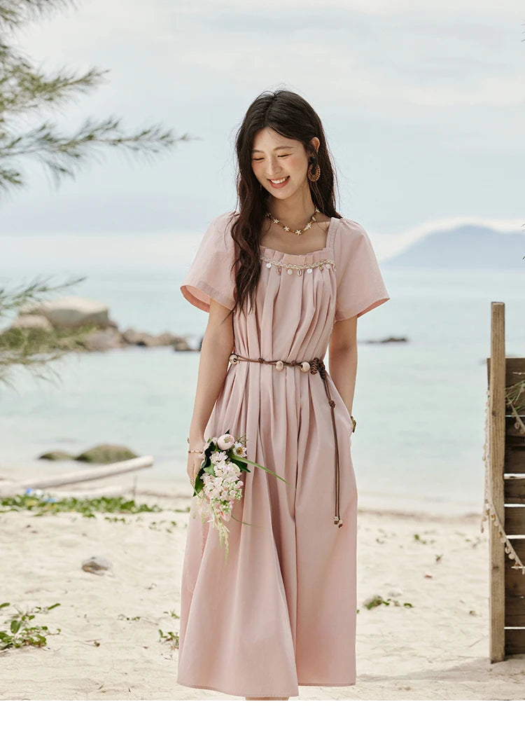 MISHOW Bohemian Pink Women‘s Summer Dresses Women 2025 Short Sleeve Square Collar with Belt Dress Lady New Fashion MXE33L2158