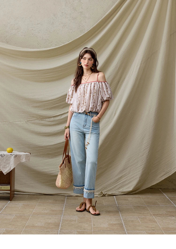 MISHOW French Summer Blouses Women New 2025 One-shoulder Floral Short Sleeve Contrast Color Shirts Woman Fashion MXE31X1767