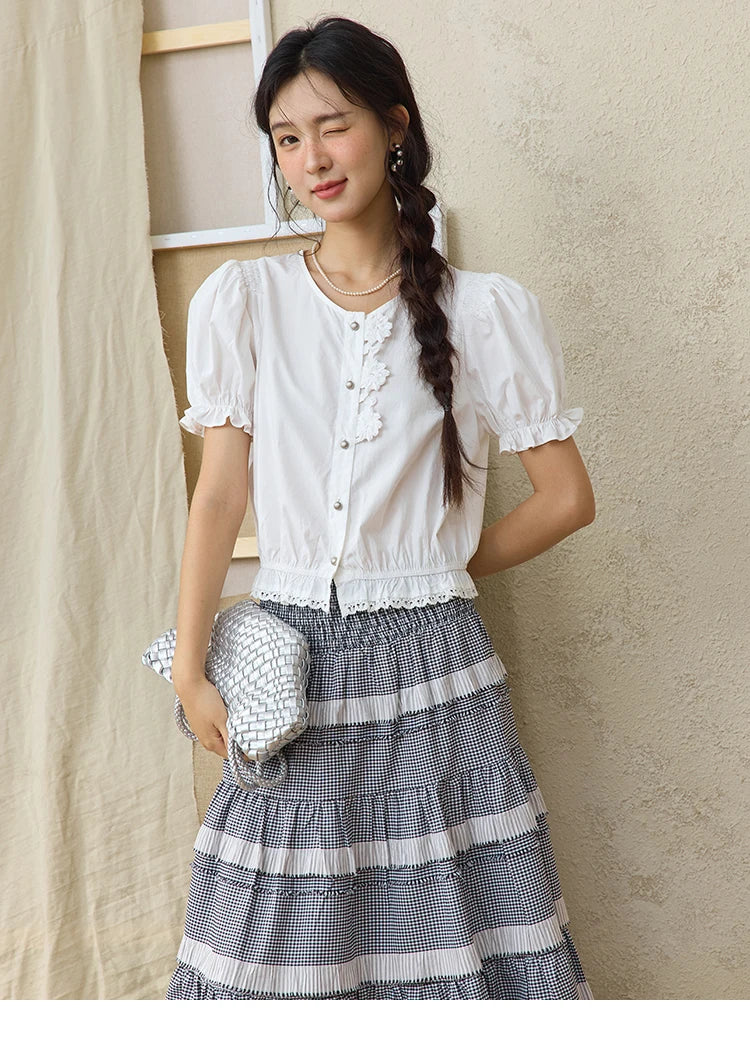 MISHOW Sweet Lace Pufff Sleeve Shirt Summer 2025 Flower Single Breasted Buttons Short Shirts Hem Elastic Waist Tops MXE34X1820