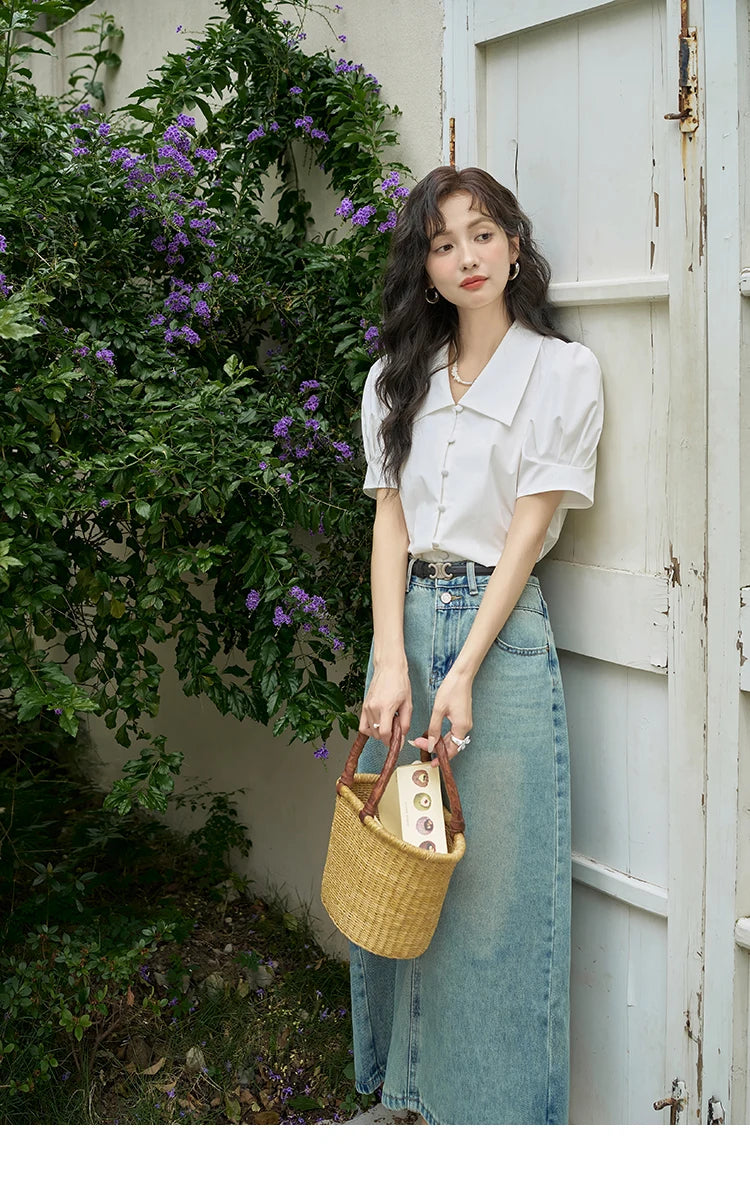 MISHOW Bubble Sleeve V-neck Commuting Shirts for Women 2025 Summer Retro Lapel Neck Short Sleeve Loose Solid Tops MXD28X1471