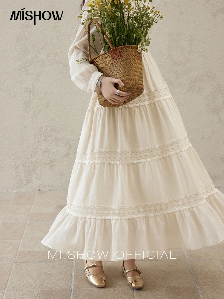 MISHOW Apricot Vacation Dress for Women Spring 100 Cotton Splicing Lace Retro Dress V-neck Waist Slim Long Dresses MXE16L2168