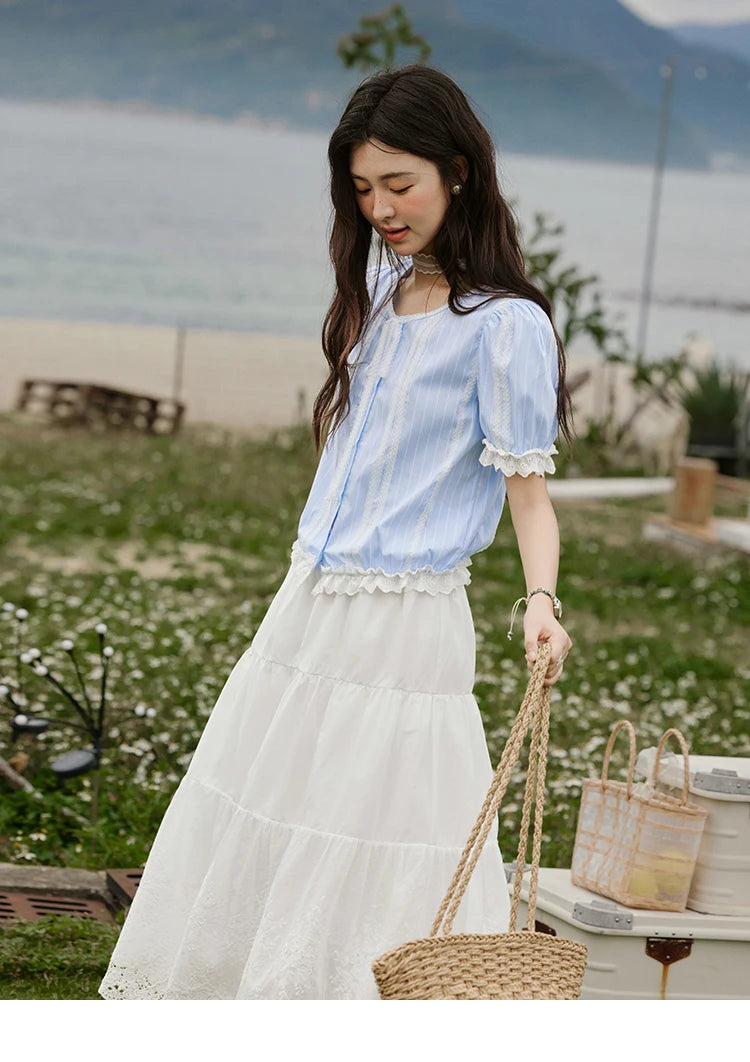 MISHOW French Striped Summer Blouses Women 2025 New Short Puff Sleeve Round Neck Lace Patchwork Shirts Fashion Tops MXE32X1759