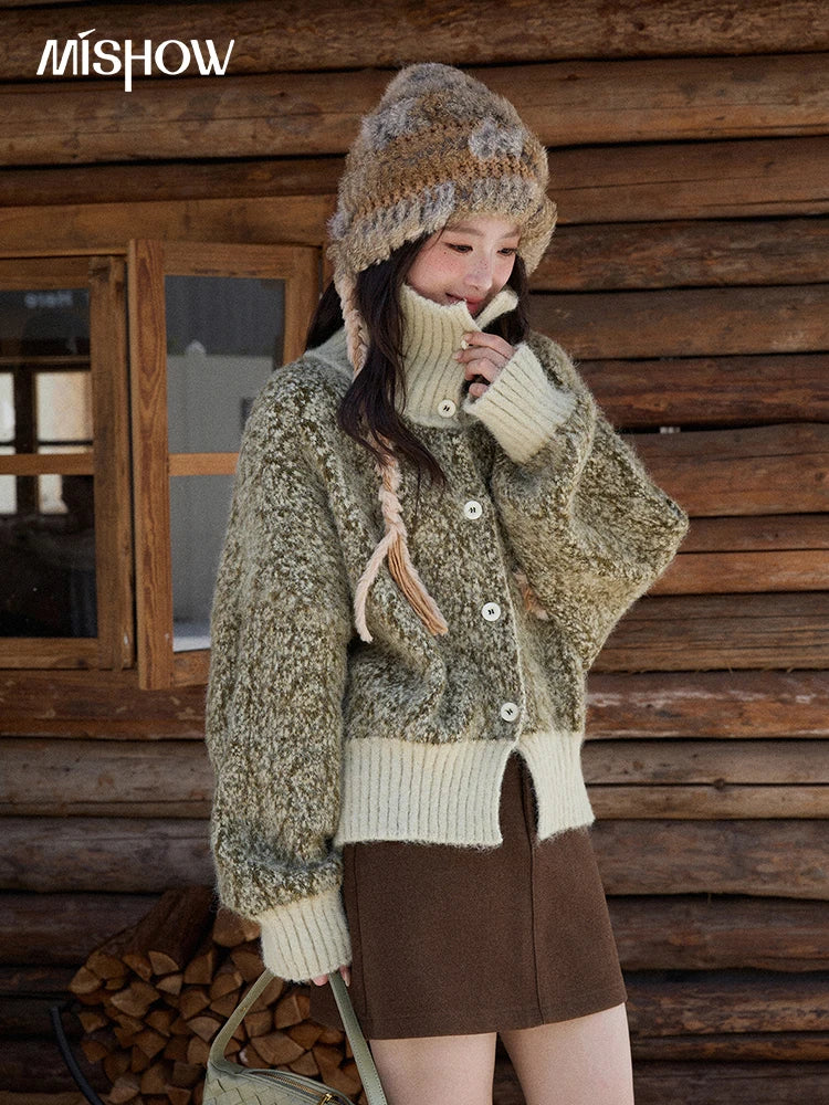 MISHOW Women's Green Retro Mottled Sweater Winter 2025 Casual Stand-up Collar Batwing Sleeves Knitted Cardigan tops MXE90Z2787