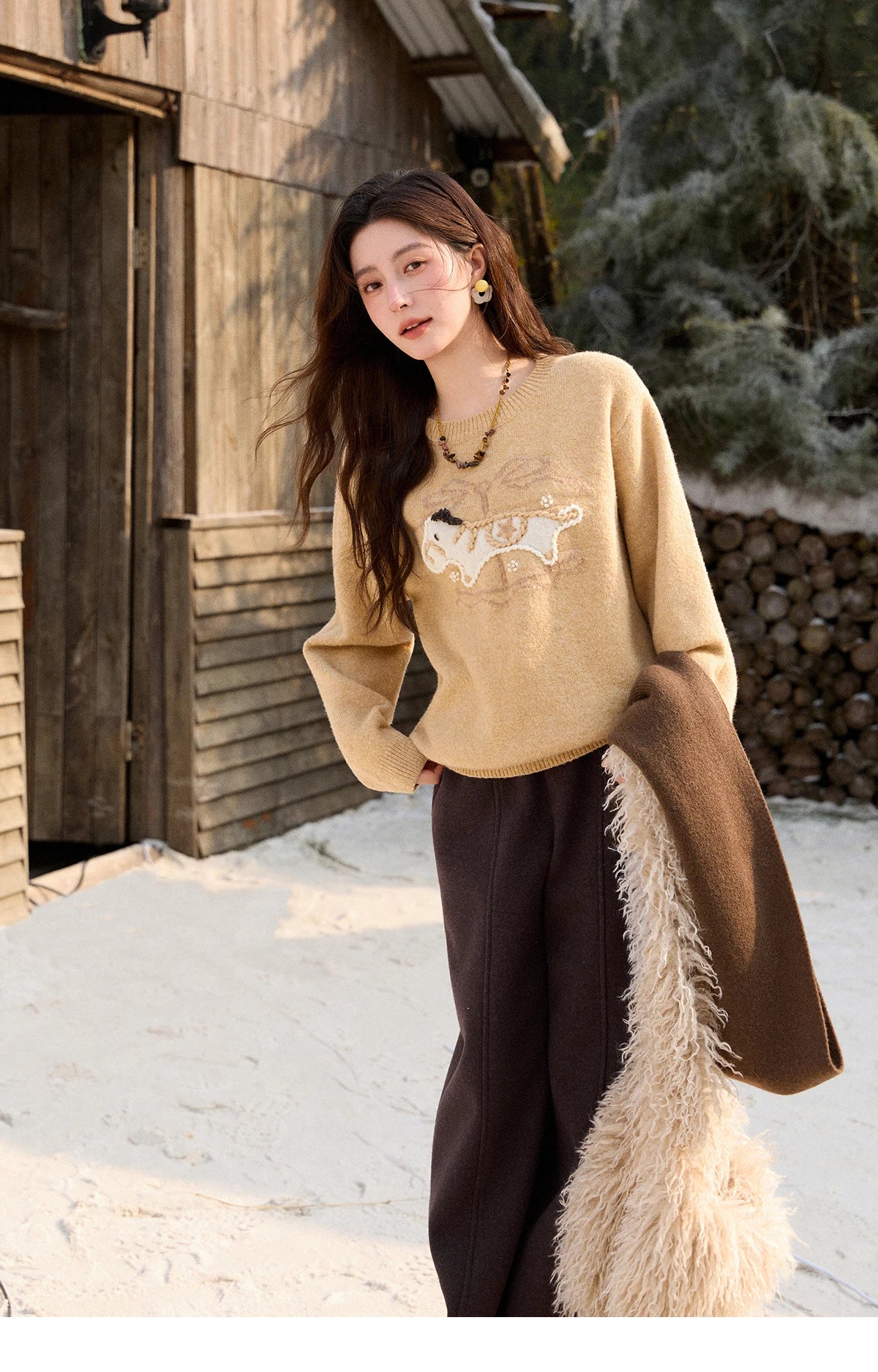 MISHOW High Waist Wide Leg Pants for Women 2025 Winter Casual Loose Thick Fleece Warm Knit Pants Straight Trousers MXE92K1127