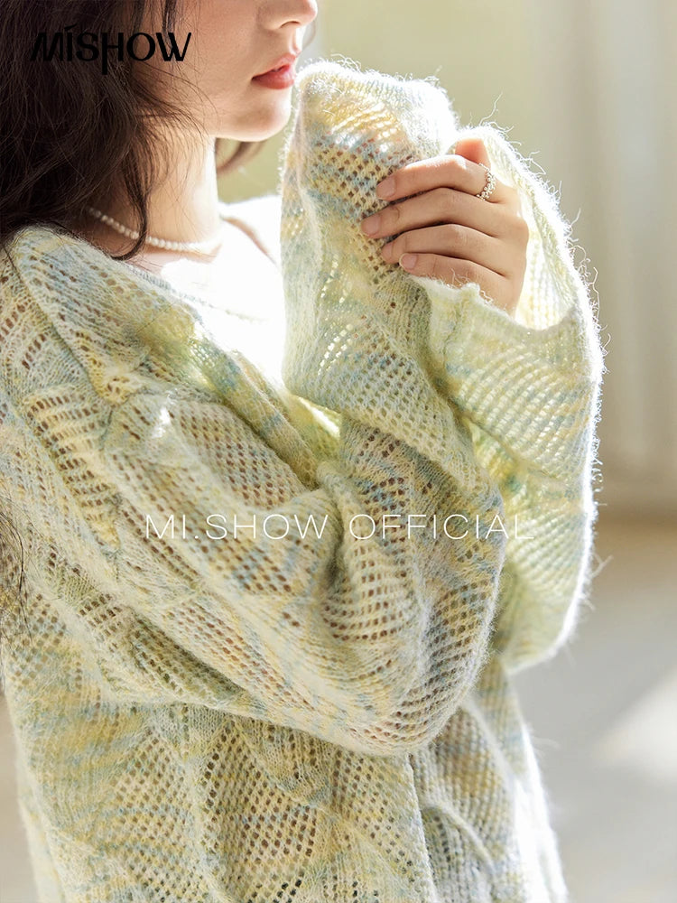 MISHOW Women's Hollow Knitted Sweater 2025 Spring Loose Thin Dropped Shoulder Top Wool O Neck Hem Wavy Edge Sweaters MXE14Z1208