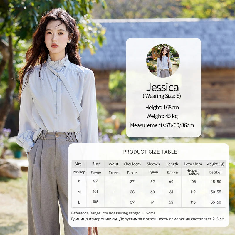 MISHOW French Ribbon Stringy Selvedge Neck Shirt for Women Spring 2025 Slim 100 Lyocell Shirts Solid Commuter Tops MXE13C0383