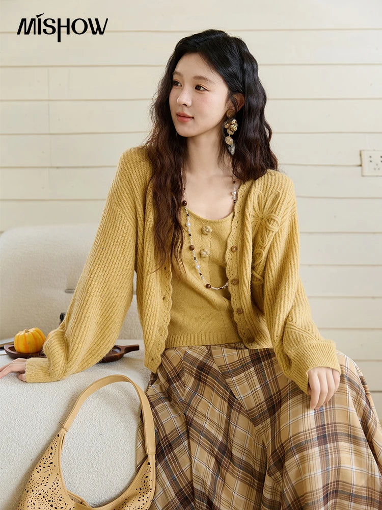 MISHOW Woman Two-piece 2025 Autumn Casual Yellow V-neck Knitted Cardigan Slim Fit Camisole Elegant Commute Top MXE45T0742