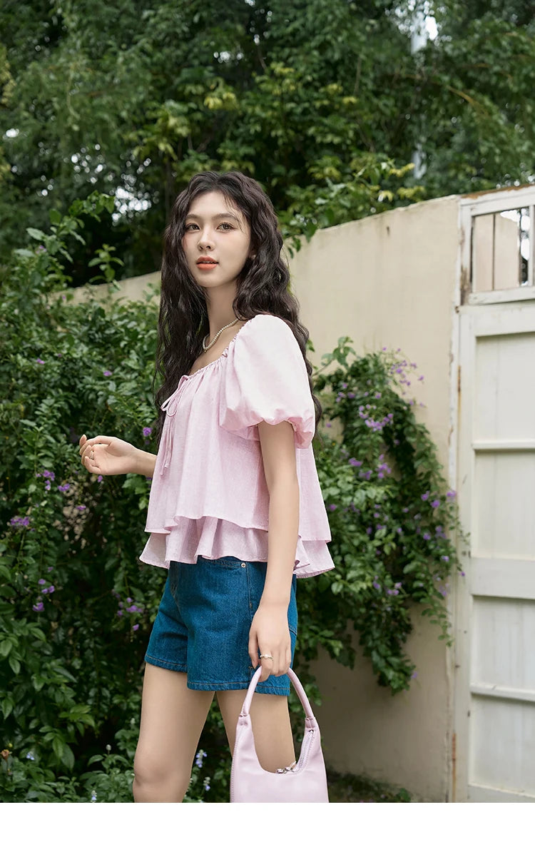 MISHOW French Square Neck Tied Lantern Sleeve Blouses 2025 Summer Double Layered Hem Puff Sleeve Solid Sweet Tops MXD26X1551