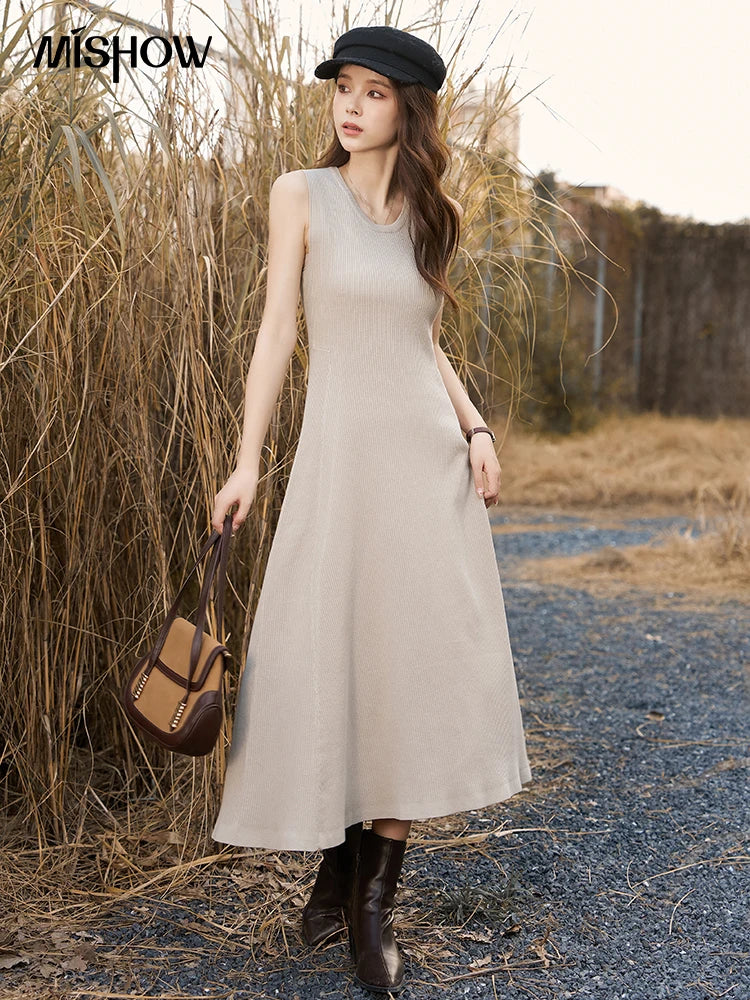 MISHOW Knitted Round Neck Sleeveless Dress for Women 2025 Autumn  French Slim Fit Waist Solid A-LINE Pullover Dresses MXC43L1590