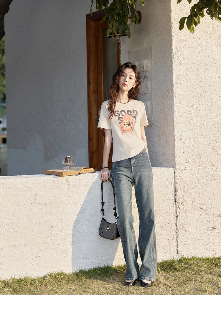 MISHOW Printed Cotton T-shirts for Women Spring 2025 Loose Slim Short Round Neck Tees Versatile Soft Casual Tops MXE13T0461