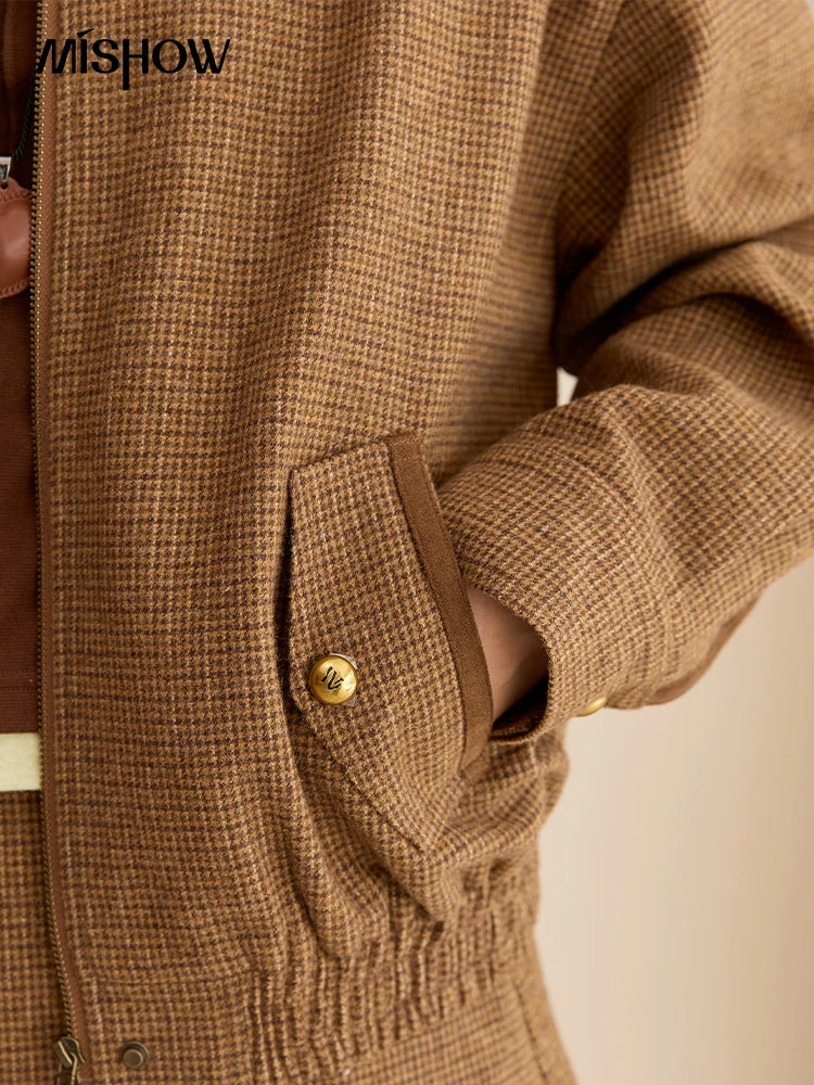 MISHOW Woman 2 Piece Outfit Set 2025 Autumn Retro Commuter Zipper Jacket Mini Pleated Skirt Plaid Fashion Skirt Suit  MXE49T1393