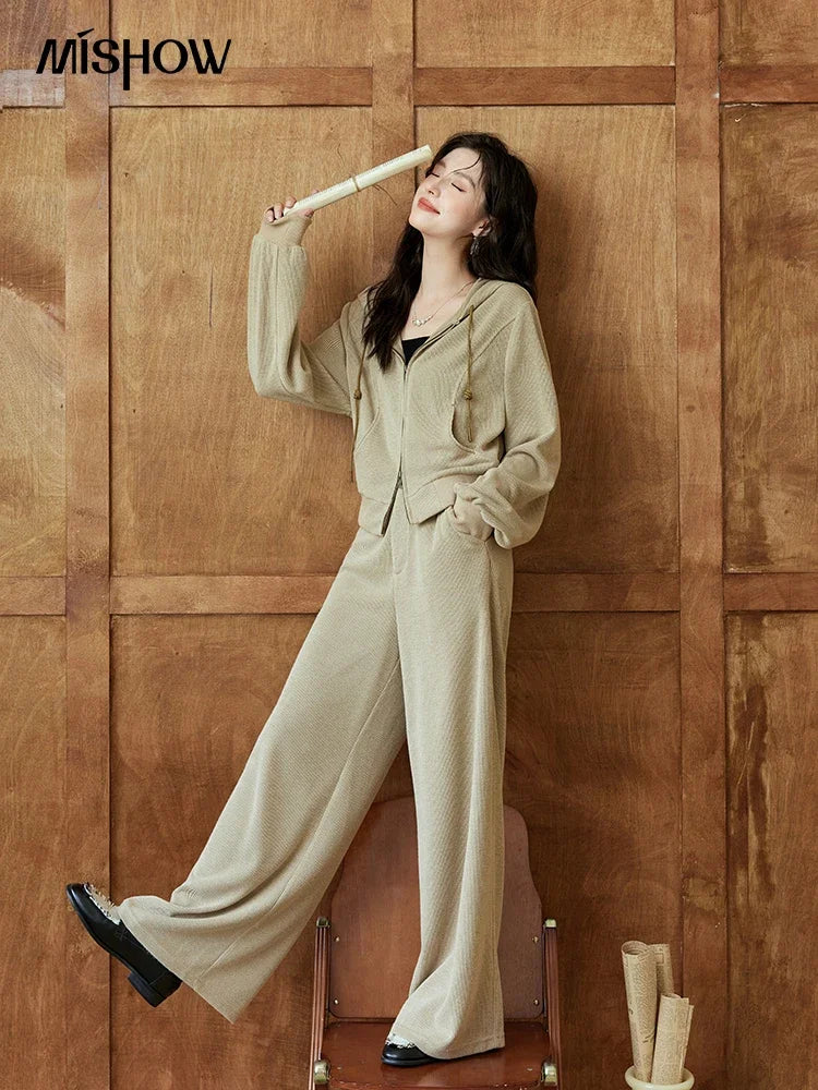 MISHOW Hooded Double Zipper Sweatshirt Knitted Straight Leg Pants Separately Versatile Top Back Elastic Waist Pants MXD44Z0794