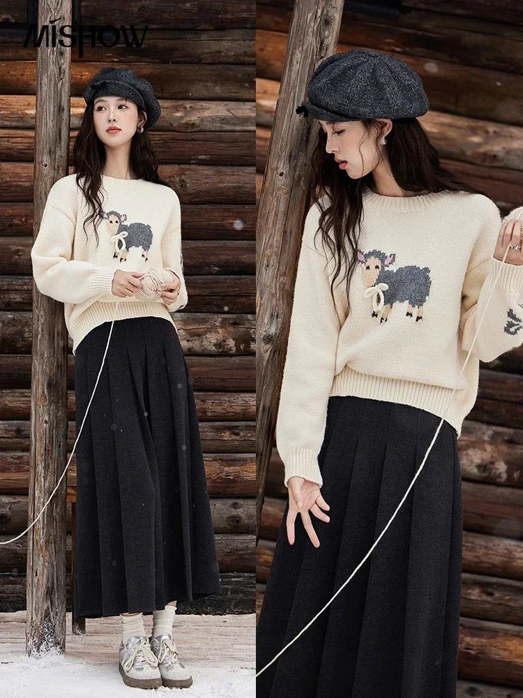 MISHOW Soft Lamb O-Neck Pullovers Color Clash Spliced Knitted Sweater 2024 Winter Women Clothes Thickened Warm Tops MXD59Z1140