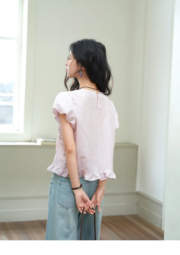 MISHOW Fashion Fungus Edge Puff Sleeve Blouses for Woman 2025 Summer O-Neck French Sweet Loose Top Ladies Clothing MXE39X1941