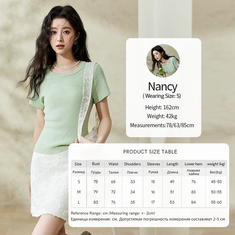 MISHOW Women's Short Sleeved Knitted T-shirt Spring 2025 Korean Minimalist Back Hollowed Out Pearl Buckle Design Tees MXE13Z1072