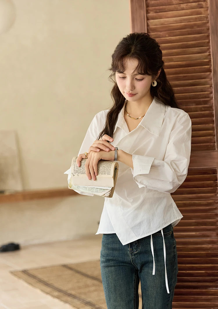 MISHOW French Side Placket Asymmetric Shirt Autumn 2025 Pleated Waist Lapel Shirts Long Sleeve Loose Commuter Tops MXD45C0357