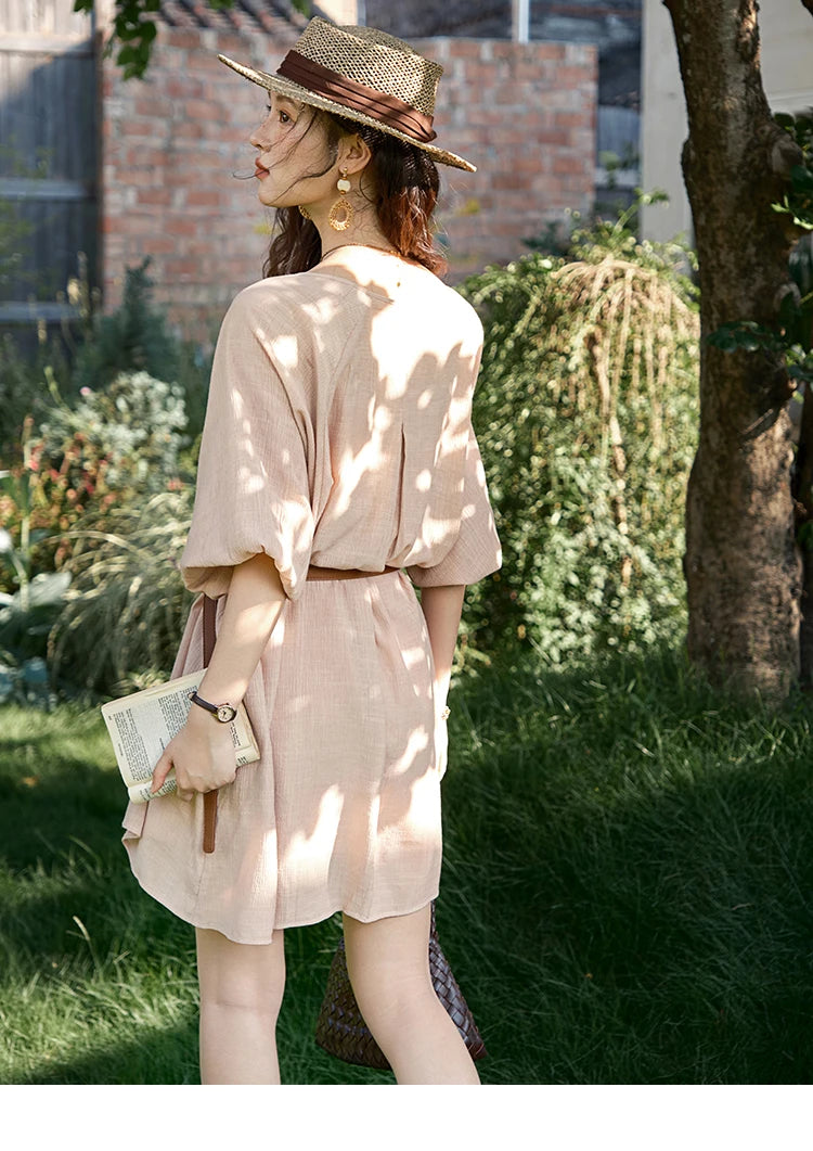 MISHOW French Retro Midi Length Sleeves Dress Summer O-neck Single Breasted Dresses Casual Tea Break Dress with Belt MXE39L2409