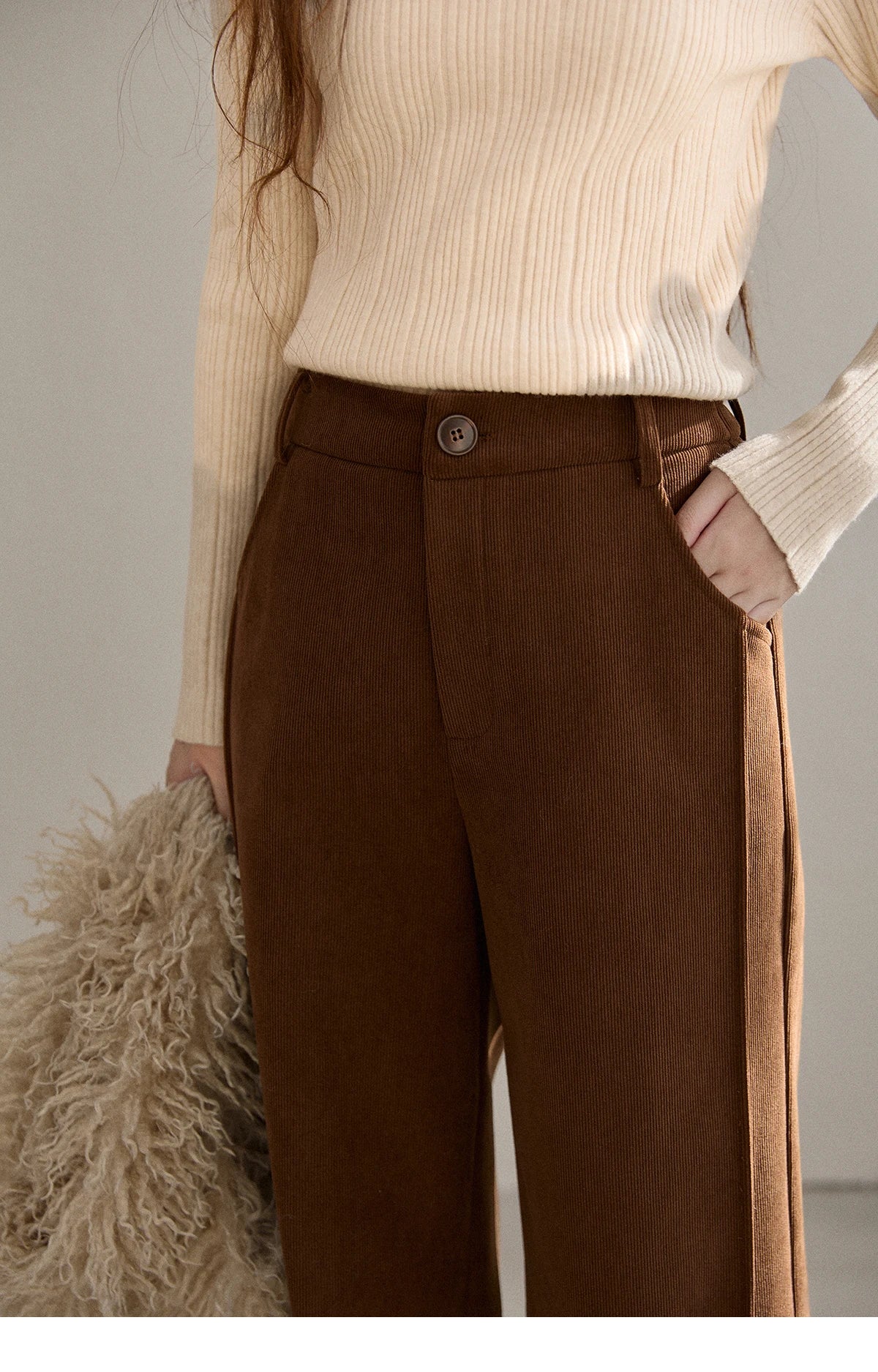 MISHOW Corduroy Straight Leg Pants for Women 2025 Winter Silver Fox Velvet Commuter Trousers Solid Casual Warm Pants MXE91K1125