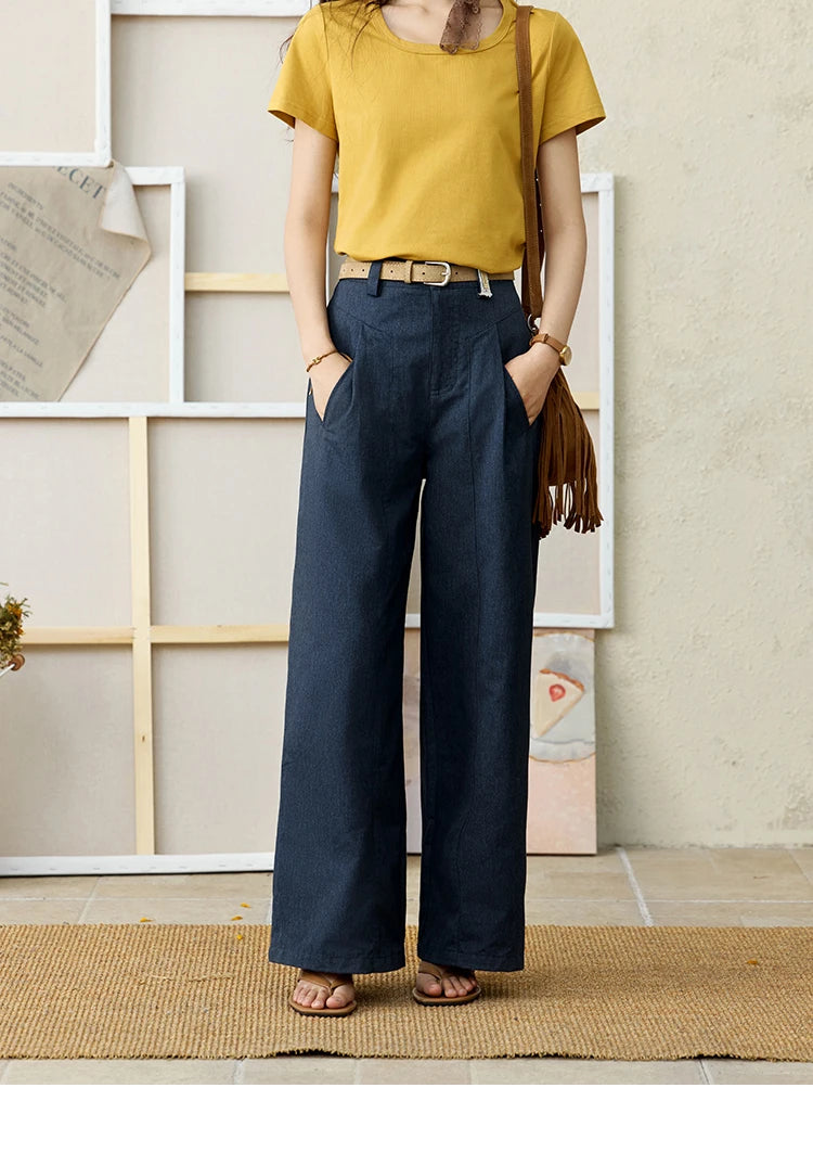 MISHOW Office Lady Summer Pants Women New 2025 Retro Dark Blue High Waist Wide-leg Pants Female Slimming Straight MXE31K0902