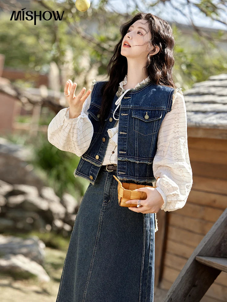 MISHOW Office Lady Spring Vest Female New Sleeveless Round Neck Raw Edge Denim Vests Women Fashion Retro Coat Woman MXE12W0710