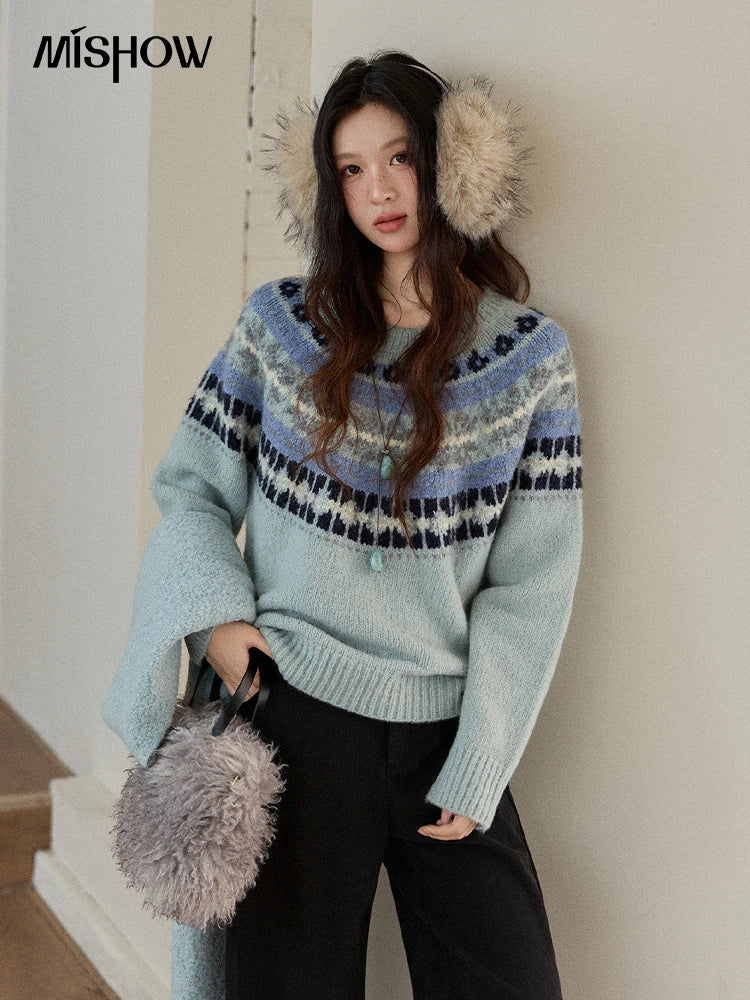 MISHOW Women's Blue Fair Isle Sweater 2025 Winter Geometric Jacquard Loose Retro Wool Blend Knit Pullovers Sweaters MXE87Z2767