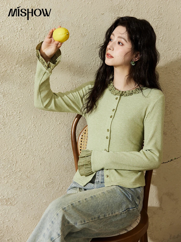 MISHOW Green Plaid Knitted Top 2025 Spring Lotus Leaf Sleeves Tees Slim Long Sleeve Curled Collar Single Breasted Top MXE14Z1152