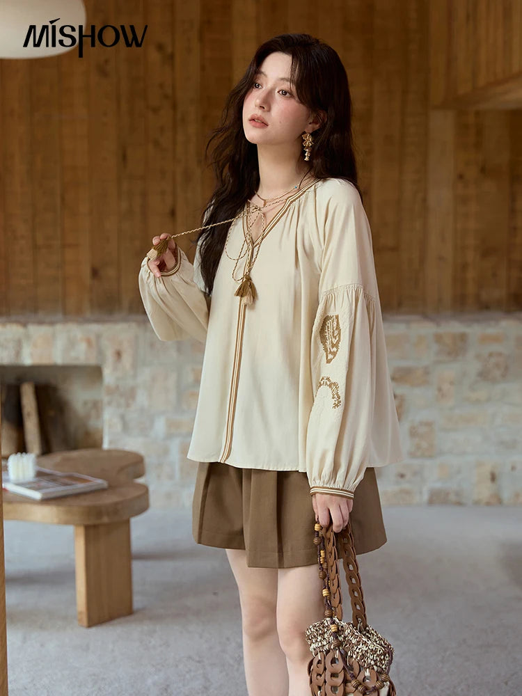 MISHOW Autumn Apricot Embroidered Blouses 2025 Contrasting Tassels Lace Up Blouses Lantern Sleeves Loose Vintage Top MXE41X1940