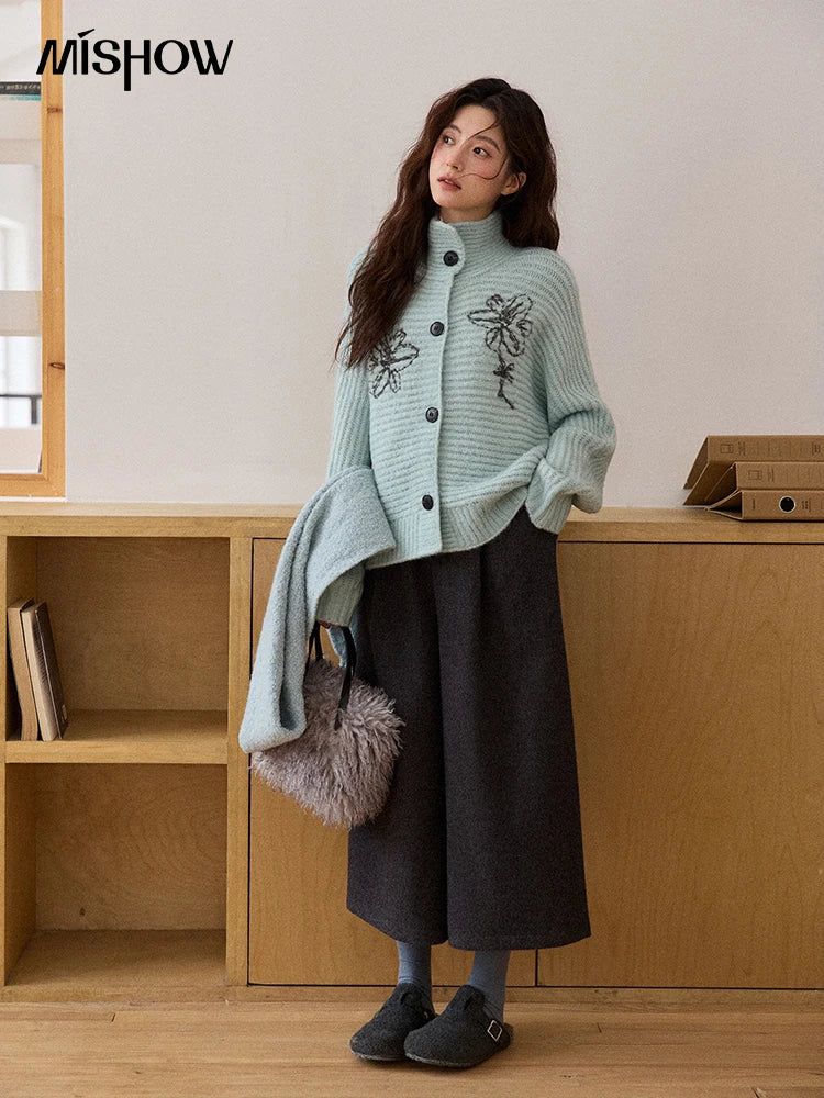 MISHOW Flower Jacquard Knit Cardigan Woman 2025 Winter Retro Luxury Loose Blue Stand-up Collar Outerwear Casual Top MXE86Z2665