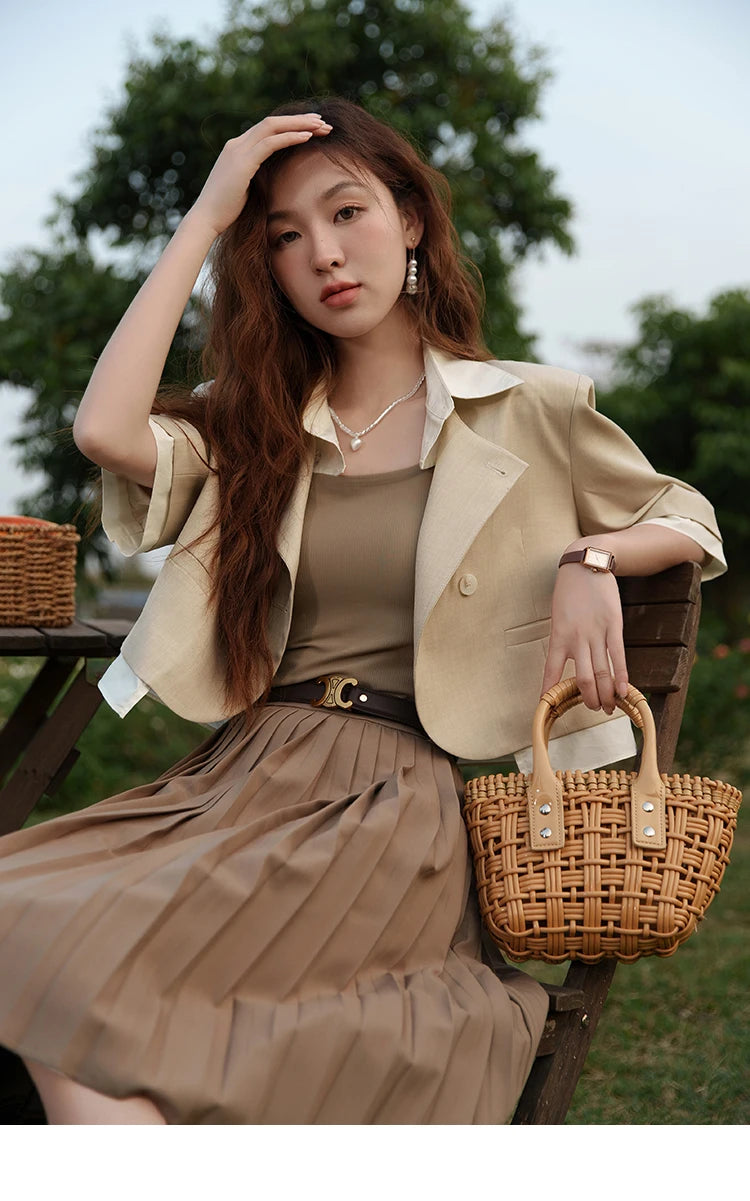 MISHOW Fake Two Short Suit Jackets for Women Summer Three Quarter Single Breasted Turn-down Collar Female Coats MXC33W0016