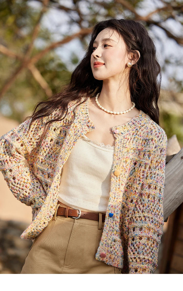 MISHOW Women's Sweet Woven Hollow Knitted Cardigan 2025 Spring Rainbow Button Single Breasted Top O-neck Cardigan MXE13Z1110