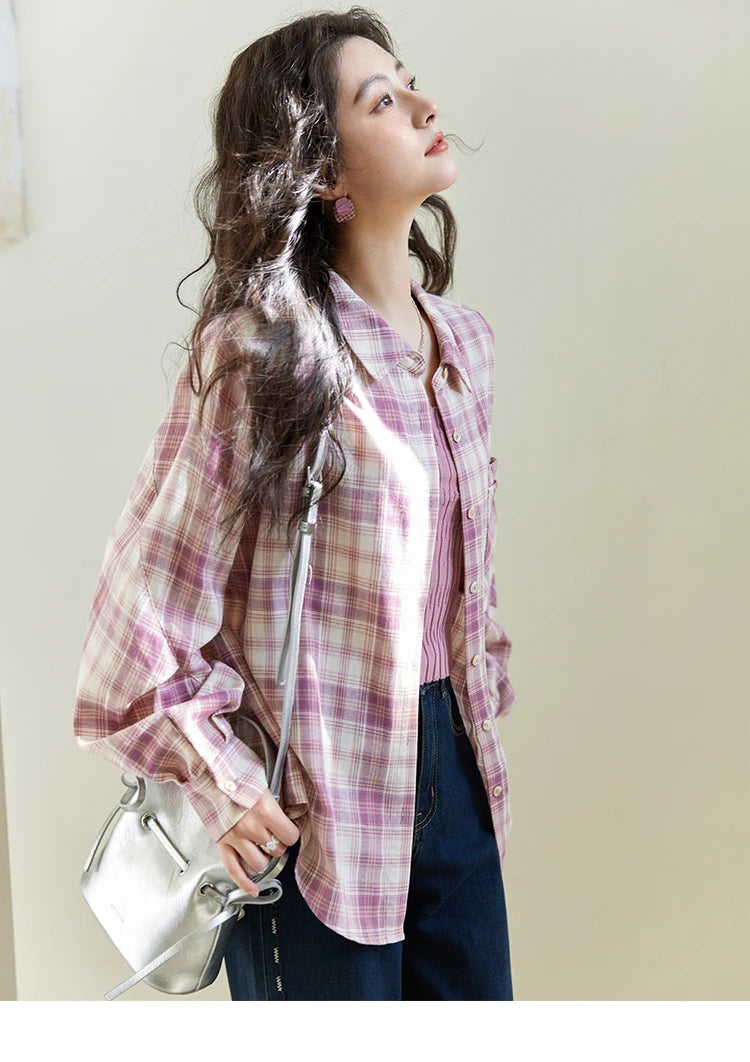 MISHOW Women's 100 Cotton Long-sleeve Purple Plaid Shirt Spring 2025 Loose Pockets Casual Shirts Korean Polo Neck Top MXE14C0417