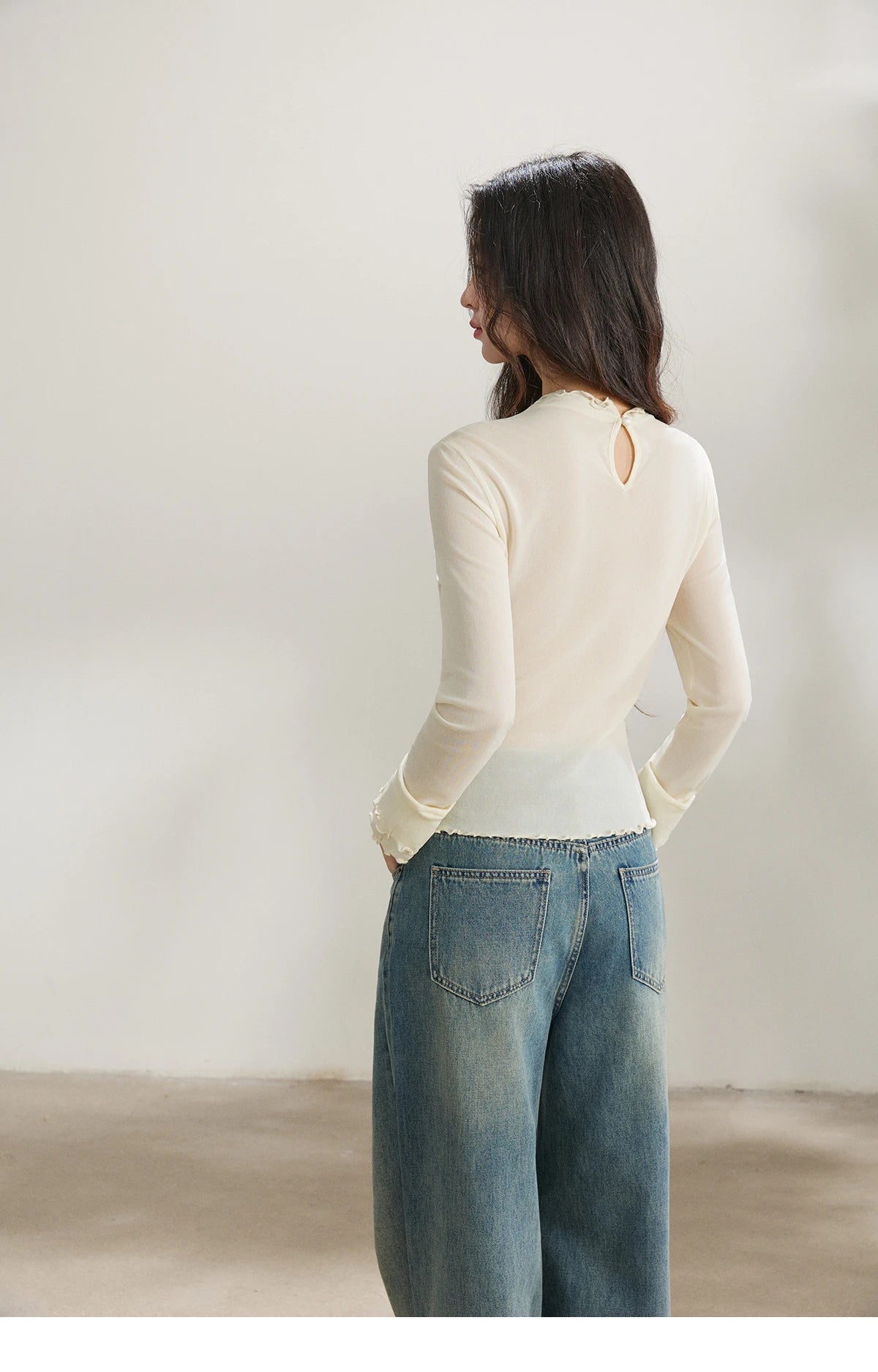 MISHOW Women's Ruffled Crew Neck Interior T-shirt 2026 Spring Lightweight Transparent Mesh Tops Slim Casual T-Shirt MXF11Z2914