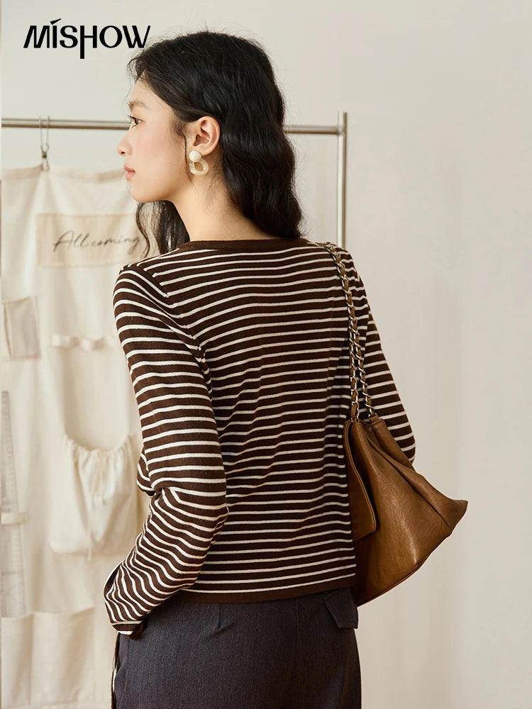 MISHOW Women's Coffee Striped Knitted Top 2025 Autumn Retro Commute Long Sleeves Loose Cardigan Sweater Women Clothes MXE46Z2537