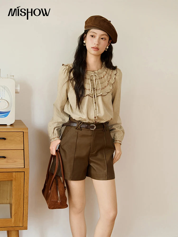 MISHOW Striped Shirt for Woman 2025 New Retro Wood Ear Edge Round Neck Embroidery Top Korean Popular Clothes Autumn MXE46X2492