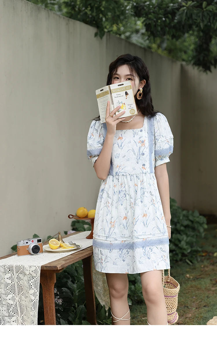 MISHOW Ink Wash Printed Fabric Dress for Women 2025 Summer French Oil Painting Square Neck Splicing Lace Doll Dresses MXD29L1932