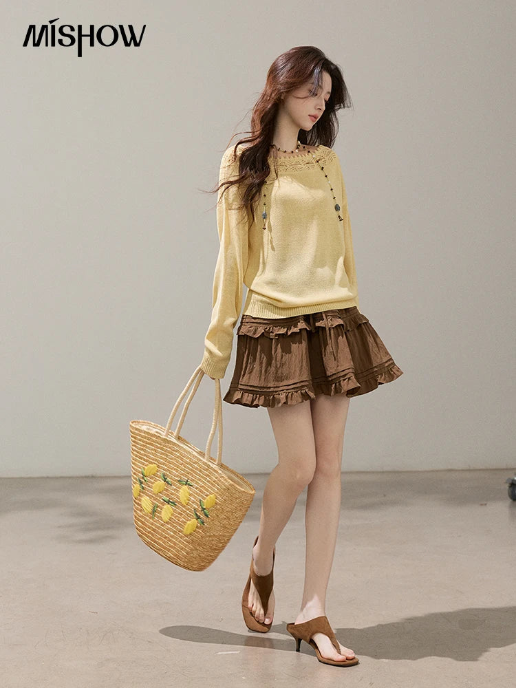 MISHOW Women's Hollowed Out Lace Trim Knit Tops 2026 Spring Boat Neck Long Sleeve Knitwear Casual Soft Yellow Sweater MXF15Z3050