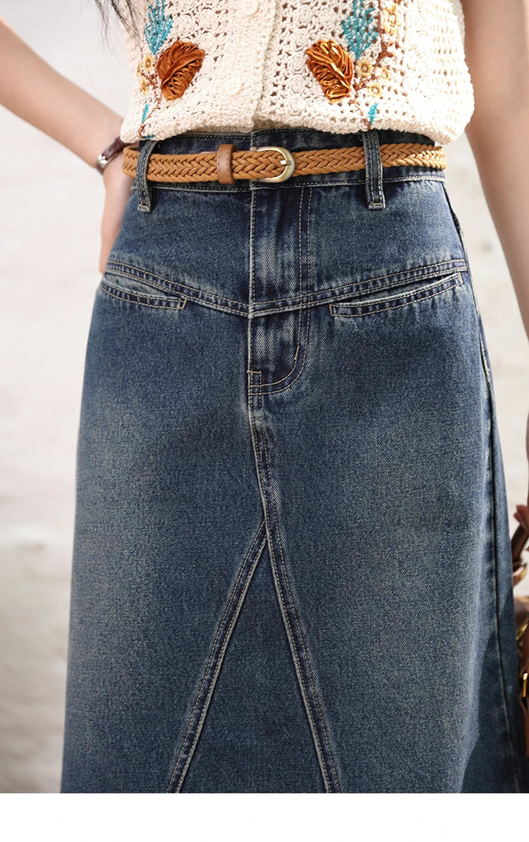 MISHOW Denim Fishtail Skirt 2024 Summer Retro Casual Love Embroidered Pockets Skirt A-line Umbrella Knee-Length Skirt MXD28B0414