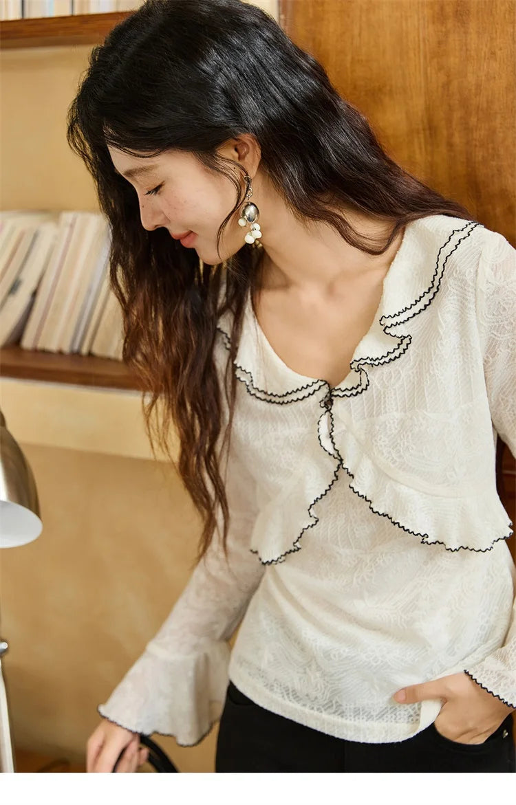 MISHOW Lace Blouse for Women Autumn 2025 V-neck Ruffle Edge Contrasting Embroidery Loose Top Flare Sleeve Blouses MXE45X2483