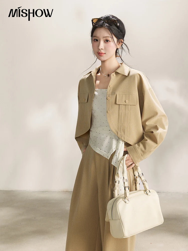 MISHOW Women's Khaki Three-Piece Set Spring Cropped Lapel Short Jacket Irregular Polka Dot Vest Wide Leg Pants Set MXF13T1478