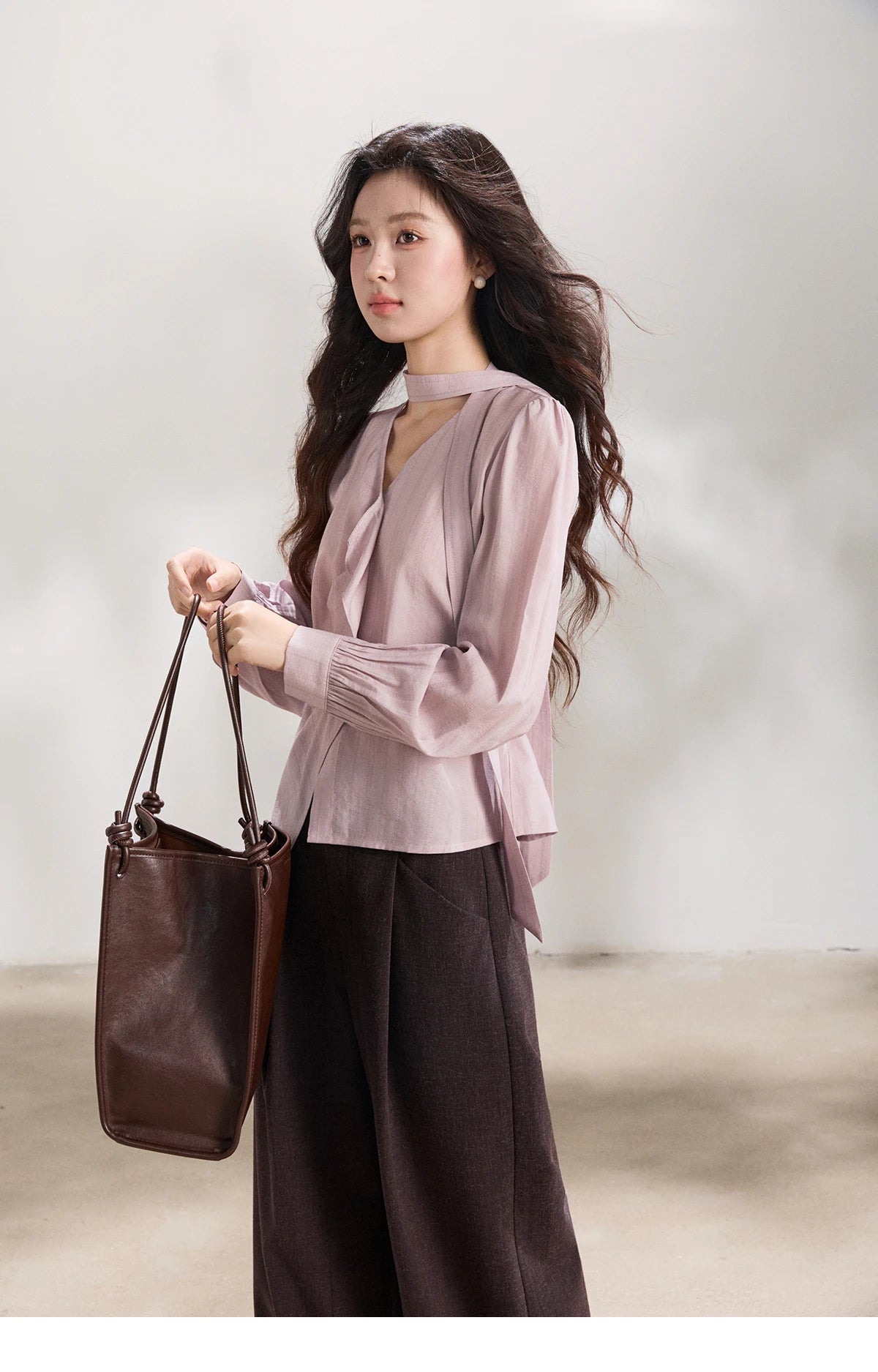 MISHOW Women's Purple Sweet Shirts 2026 Spring Ribbon V-Neck Ruffled Asymmetrical Shirt Back Lace-up Waist Casual Top MXF13X2527