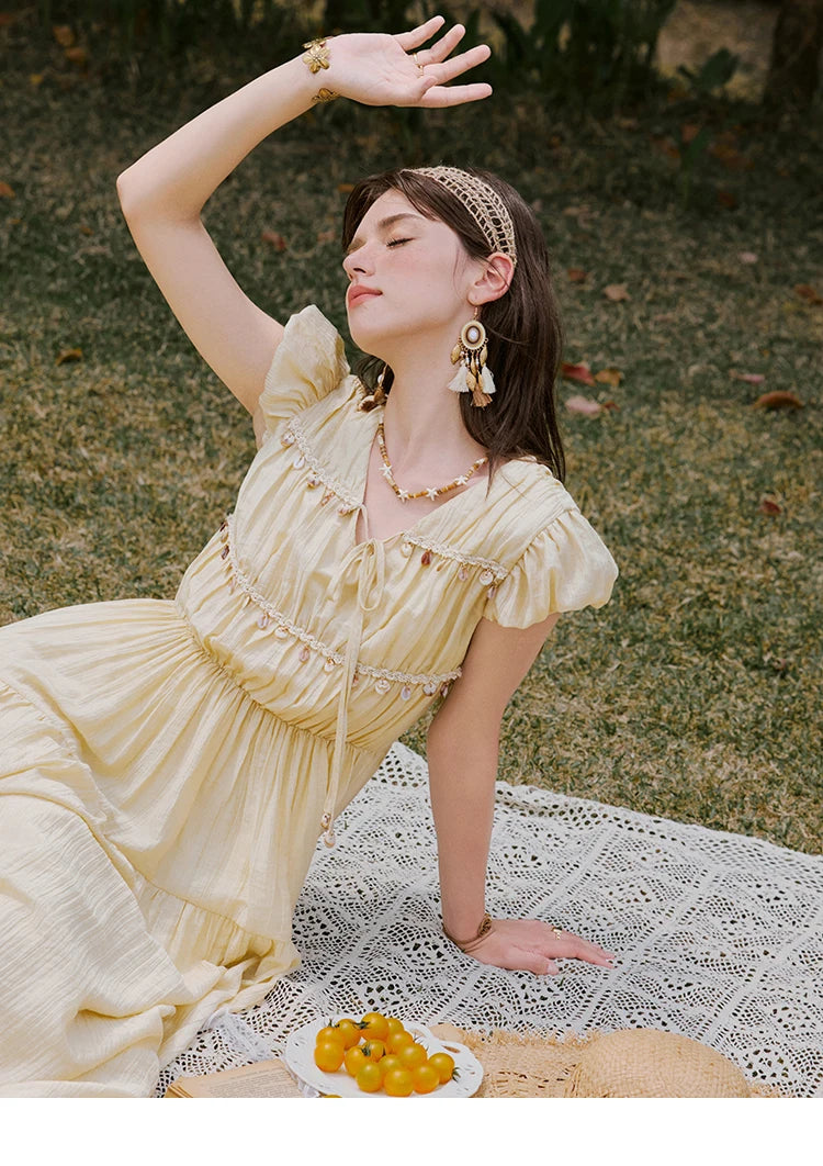 MISHOW Holiday Summer Dresses Women 2025 Solid V-neck Short Puff Sleeve Shell Ribbon High Waist Dress Woman Fashion MXE33L2193