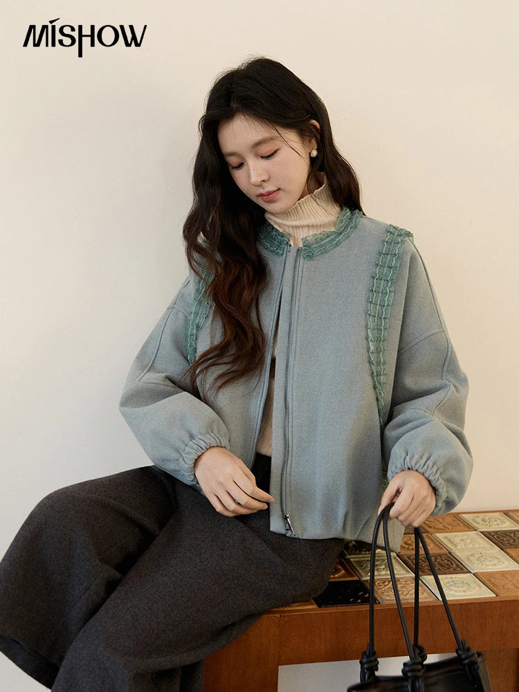 MISHOW Women's Light Blue Down Coats Winter Lace Decor Zipper Puff Sleeve Coats O Neck Loose Casual Warm Outerwear MXE94W1048